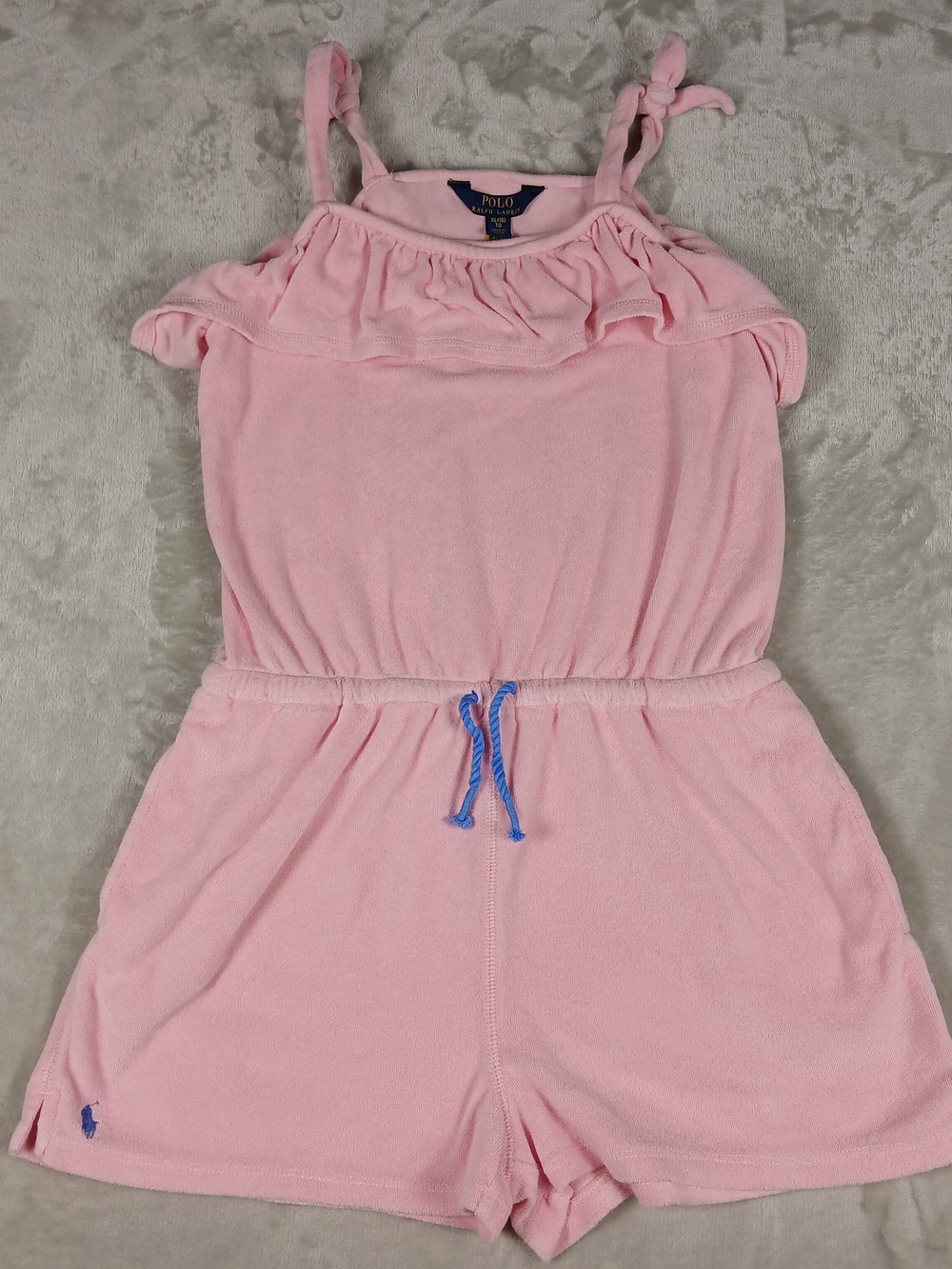 Polo Ralph Lauren Girls Pink Ruffled Terry Cloth Romper Jumpsuit Big Kids XL 16